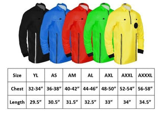 size chart of full sleeve soccer referee uniform or shirt or jersey. Includes Youth Large, Adult Small, Medium, Large, XL, XXL, XXXL. 100% polyester material. 